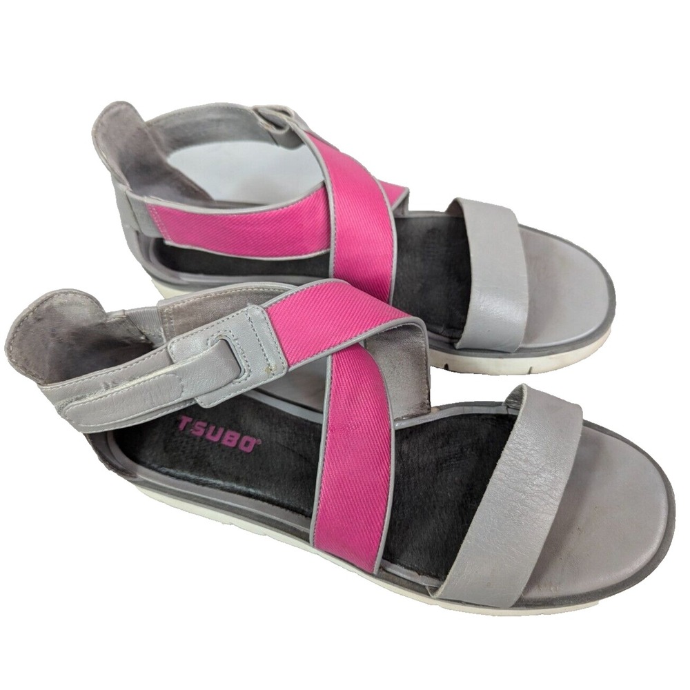 Tsubo Eliah Sandals Strappy Low Wedge Leather Gray Pink Comfort Open‎ Toe Size 8